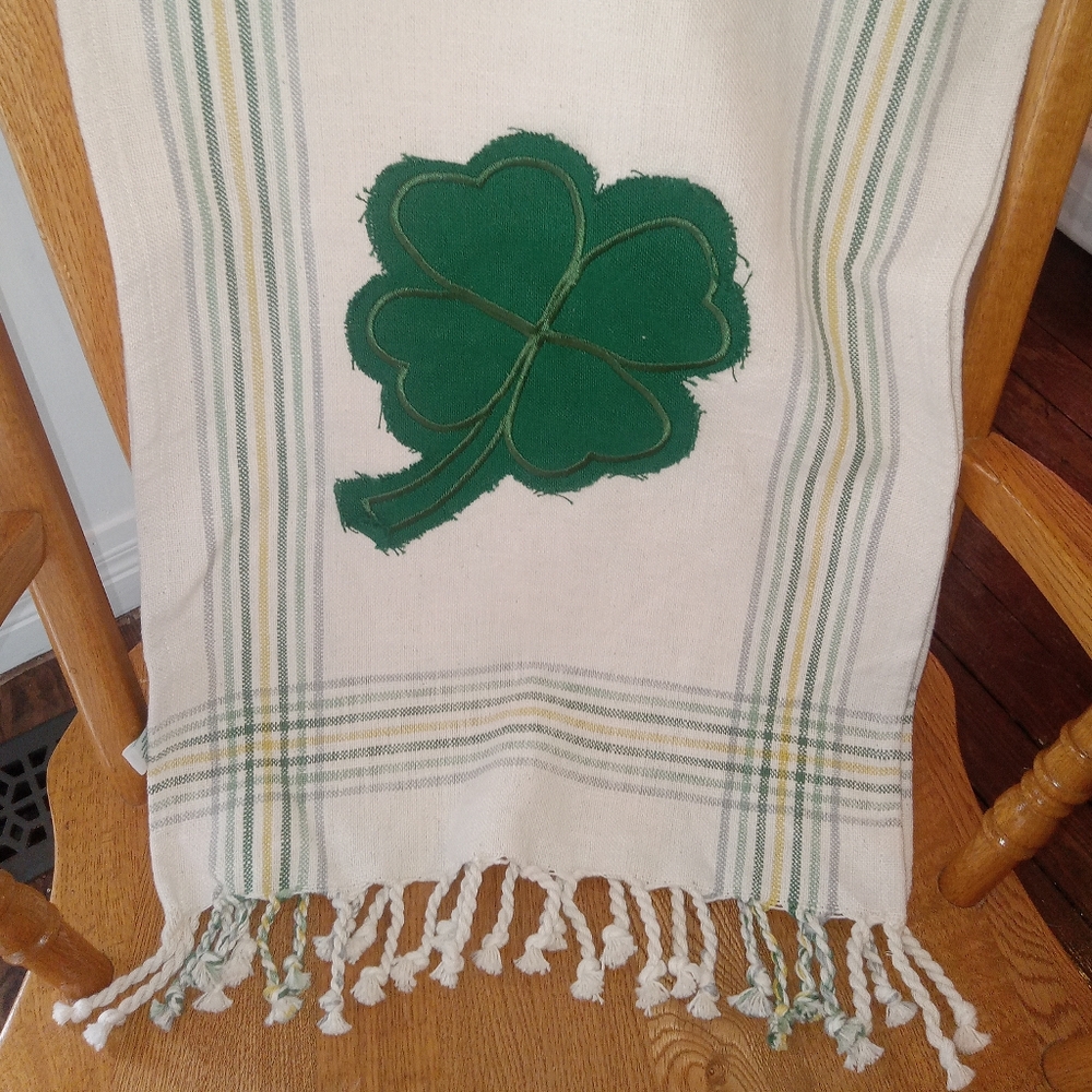 St. Patrick's day clover Shamrock farmhouse rustic burlap fringes table runner